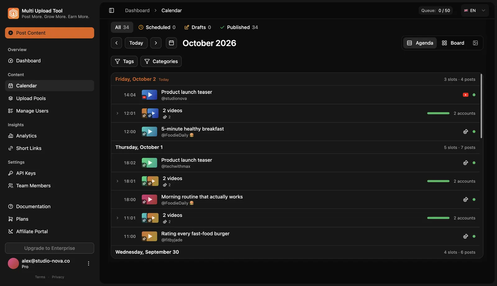 Multi Upload Tool agenda view with scheduled X posts